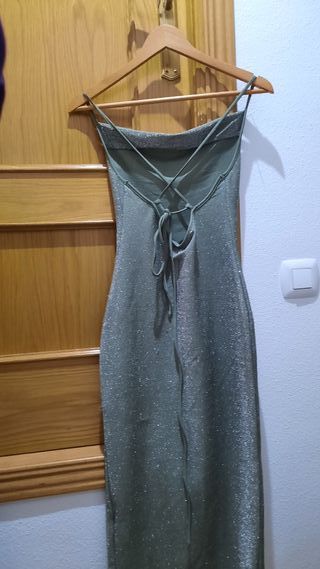 Vestido fiesta verde y plata brillante