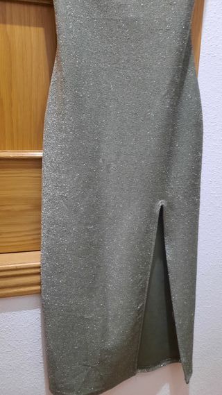 Vestido fiesta verde y plata brillante