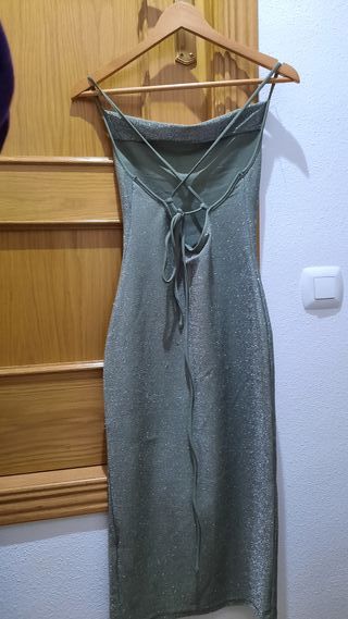 Vestido fiesta verde y plata brillante
