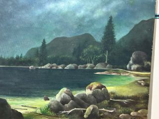 Quadro olio Antonio Montella paesaggio lago .