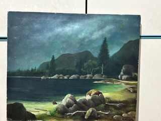 Quadro olio Antonio Montella paesaggio lago .