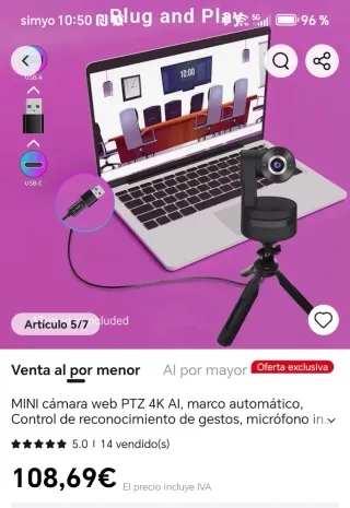 Cámara Web PTZ 4K AI Negra