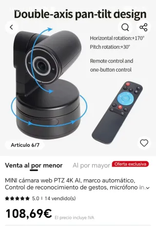 Cámara Web PTZ 4K AI Negra