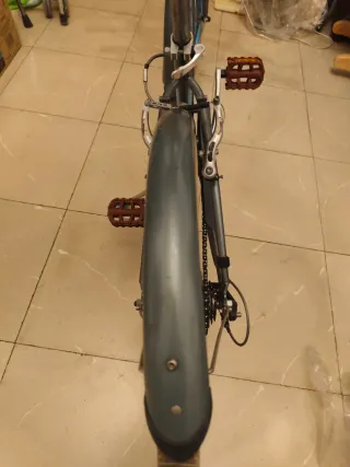 Bicicleta plateada con detalles azules