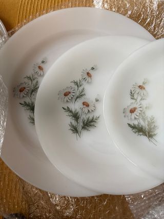 Platos y bandeja opalina, de Arcopal margaritas