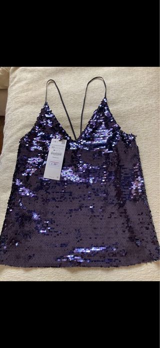 Top lentejuelas Zara morado/plateado XS