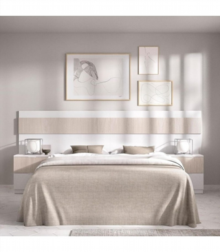 Cabecero y Mesitas de Noche. Blanco/Alistonado