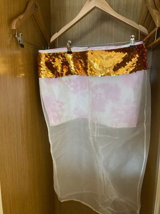 Falda Zara XL Seda Lentejuelas Doradas