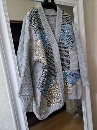Chaqueta punto lentejuelas gris M