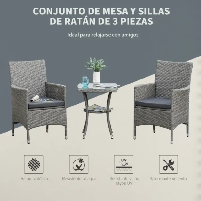 Outsunny Muebles Jardín Ratán Gris 2 Sillas Mesa