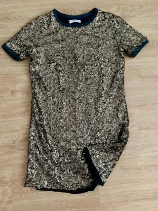 Vestido Mango Lentejuelas Negro y Dorado