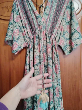 Vestido largo estampado verde y rosa