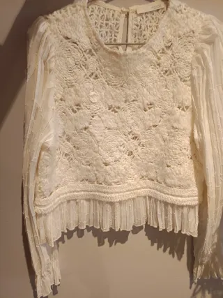 Blusa Zara Crochet Blanco Mangas Gasa Talla S