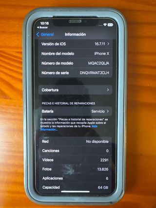 iPhone X 64GB, 73% batería, con funda y cable