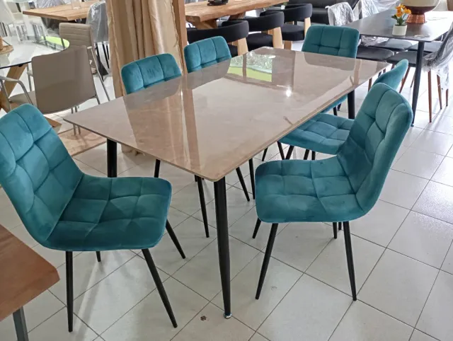 Mesa Mármol + 6 Sillas Terciopelo