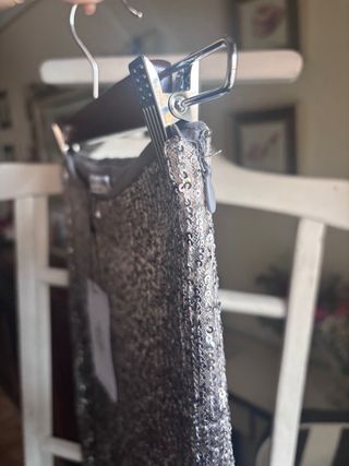 Pantalón flare lentejuelas gris y plata