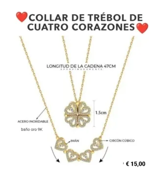 Collar Trébol Corazón 2 en 1 Baño Oro