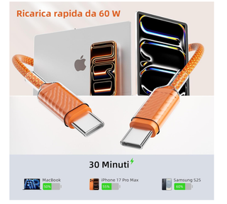 Cavo USB-C 2m Nylon Intrecciato 60W Arancio
