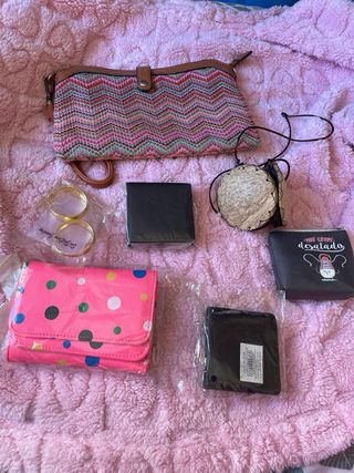 Lote de carteras y monederos, pendientes, pulseras