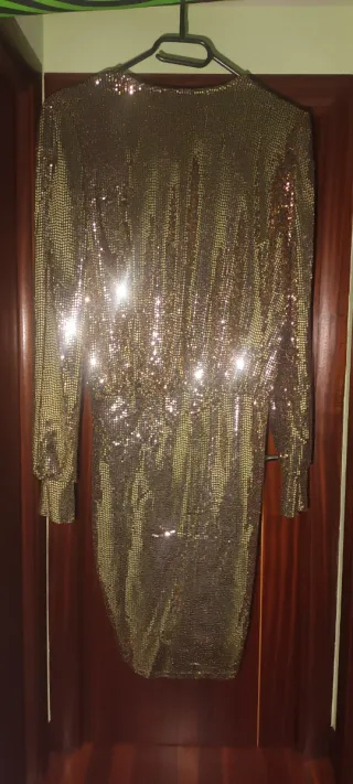 Vestido fiesta lentejuelas dorado y negro