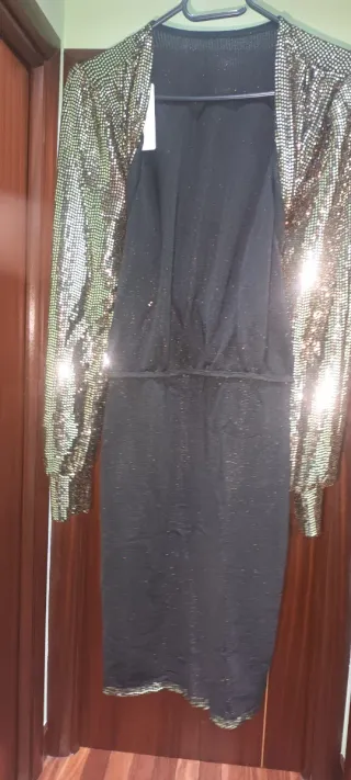 Vestido fiesta lentejuelas dorado y negro
