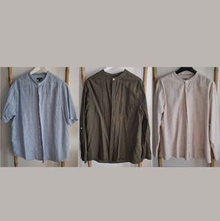 (XL) 3 CAMISAS LINO CUELLO MAO AZUL, VERDE Y BEIGE