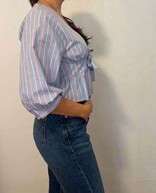 Camisa Rayas Azul y Rosa Lazos Talla L