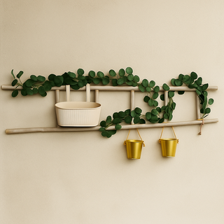 ESCALERA BLANCA DE BAMBÚ DECORADA CON MACETAS