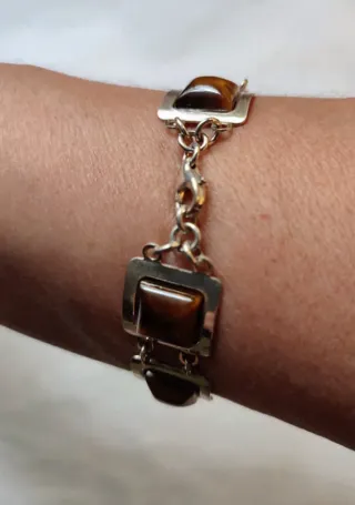 CONJUNTO OJO DE TIGRE: PULSERA Y PENDIENTES PLATA
