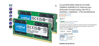 Crucial RAM DDR4 32GB Kit (2x16GB) 3200MHz SODIMM
