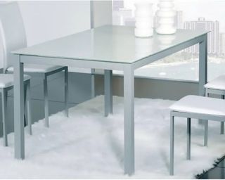 Mesa de comedor cristal blanco y metal gris