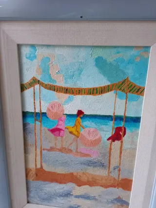 Cuadro óleo lienzo niñas playa firmado