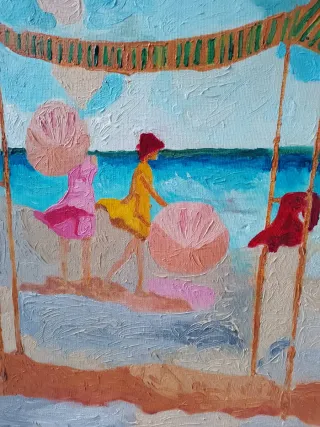 Cuadro óleo lienzo niñas playa firmado