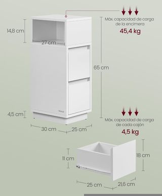 VASAGLE KAILYN Colección - Mesita de Noche Estrecha, Juego de 2, Mesa Auxiliar con 2 Cajones y Compartimento Abierto, a la Izquierda o a la Derecha, Blanco Nube LET856W01