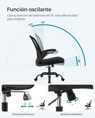 Silla de Oficina SONGMICS Ergonómica de Malla, Lumbar y Brazos Plegables