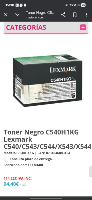Cartucho Tóner Negro Lexmark C540H1KG rendimiento
