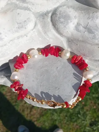 Pulsera Coral Rojo y Perlas Semibarrocas
