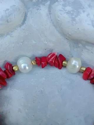 Pulsera Coral Rojo y Perlas Semibarrocas