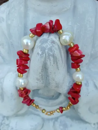 Pulsera Coral Rojo y Perlas Semibarrocas