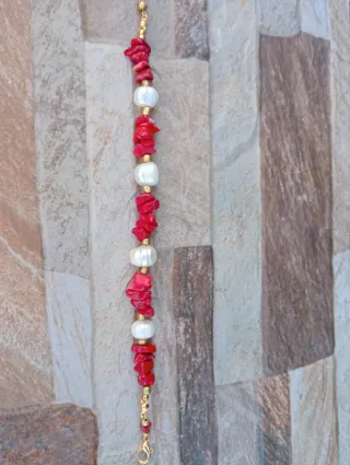 Pulsera Coral Rojo y Perlas Semibarrocas