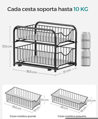 SONGMICS Organizador de cocina, Estantería de 2 Niveles Extraíbles para Armario, Organizador Apilable bajo el Fregadero con Cajones, para Cocina, Baño, Negro Tinta KCS017B01V1