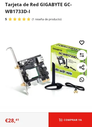 Tarjeta Red Gigabyte GC-WB1733D-I WiFi AC + Bluetooth 5.0