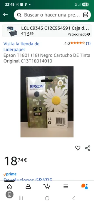 Cartucho Tinta Epson 18 Negro