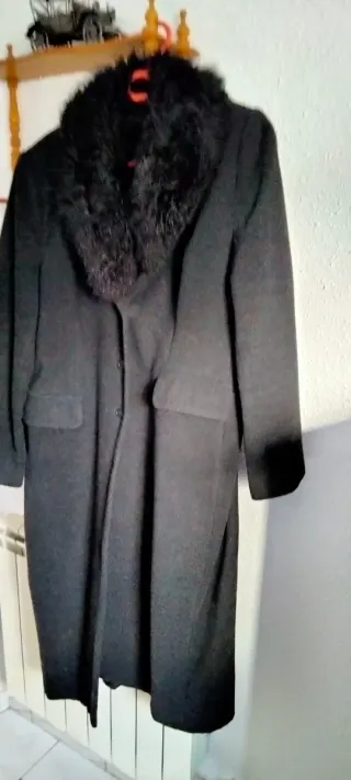 Abrigo largo paño cuello sintético negro T46
