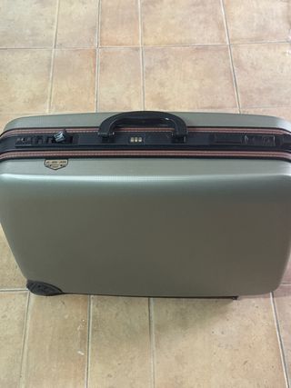 Maleta de viaje gris y marrón