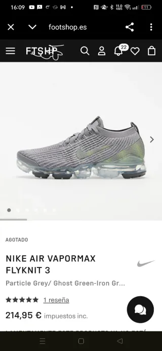 Nike Air VaporMax Flyknit 3 Gris/Verde Talla 41