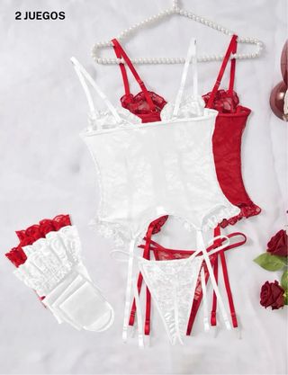 2 Conjuntos Lencería Encaje Blanco y Rojo