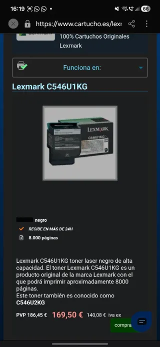 Tóner Lexmark C546U1KG Negro Original