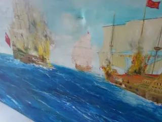 Gran Óleo sobre lienzo Batalla Naval Firmado