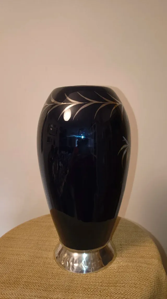 JARRON OPALINA AZUL COBALTO,PLATA.27 cm.FLORERO